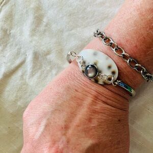 Handmade Seashell and Cabochon Silver Bracelets 7 1/2 Inches 2 Inch Extender